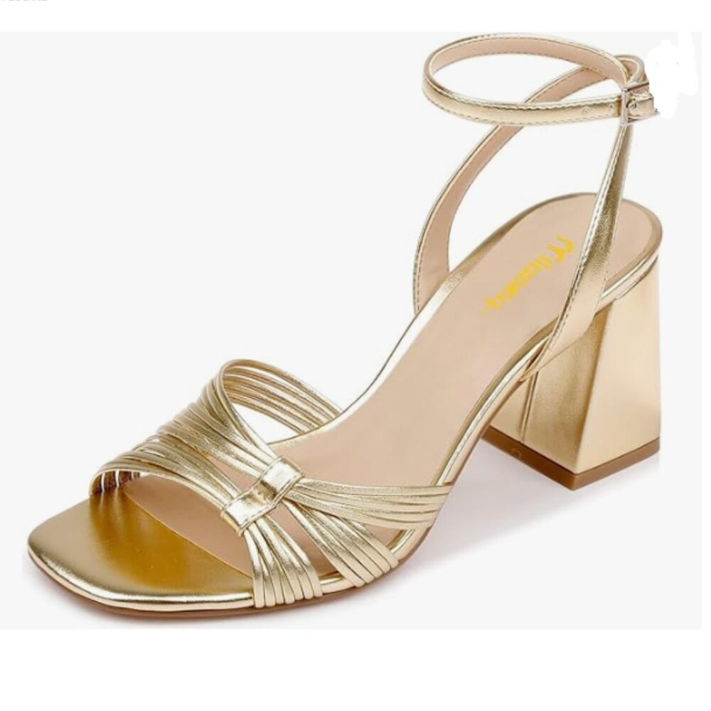 Milooey Gold Open Square Toe Sandals Cross Ankle Strap Chunky Heels Elegant Shoe